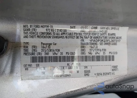 2015 Ford Focus Se z USA, uszkodzony, nr VIN 1FADP3K23FL307317